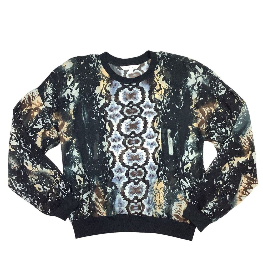 CAbi Long Sleeve Chiffon Sheer Mesh Blouse Top Women's S Black Animal Print Tan